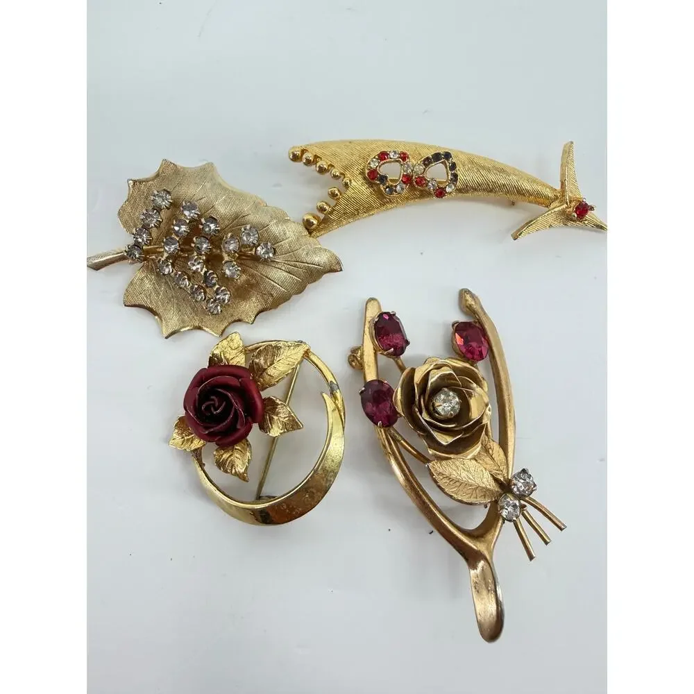 Vintage Brooch Lot 10 Rhinestone Floral Cameo Butterfly Gold Costume Jewelry